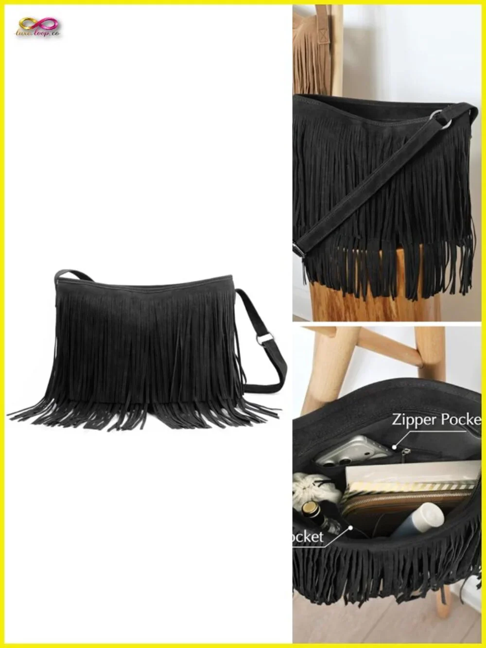 Faux Suede Leather Fringe Hobo Crossbody Shoulder Bag